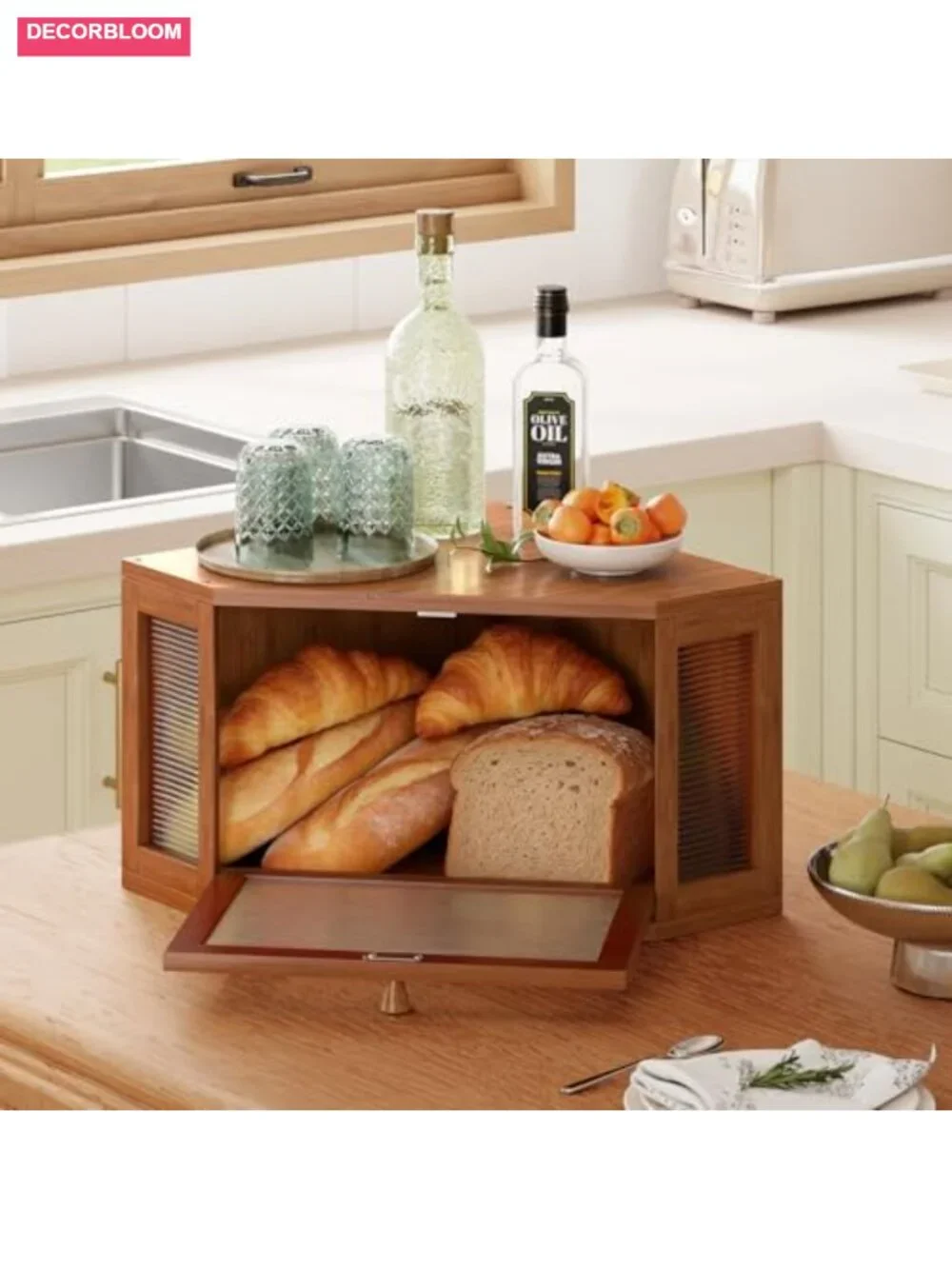 Corner Bread Box Bamboo Storage Acrylic Wavy Door
